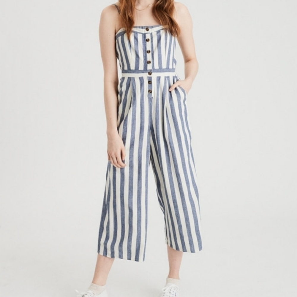 American Eagle Striped Cropped Jumpsuit